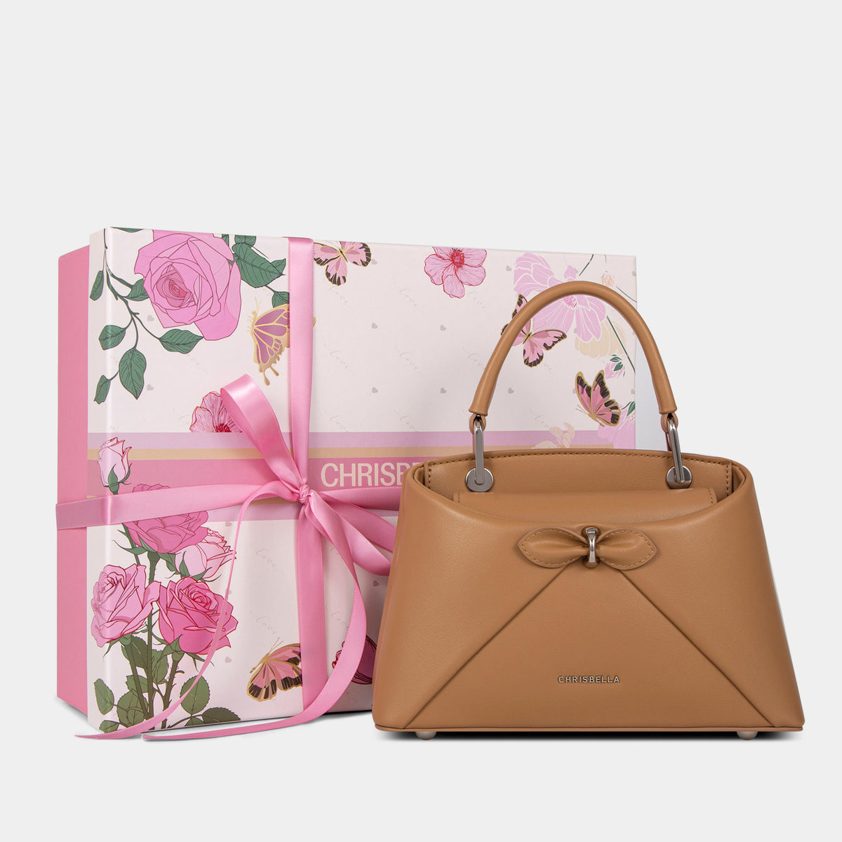 Sac à main avec nœud élégant et coffret cadeau fleuri