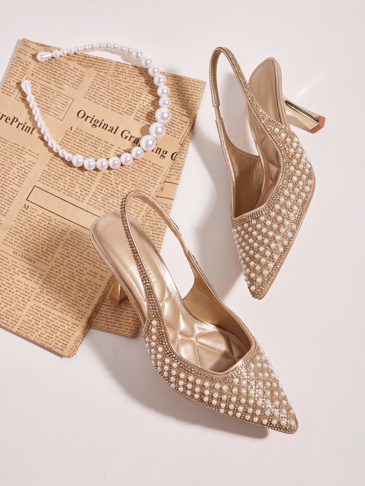 Escarpins Slingback à Bout Pointu avec Perles et Cristaux