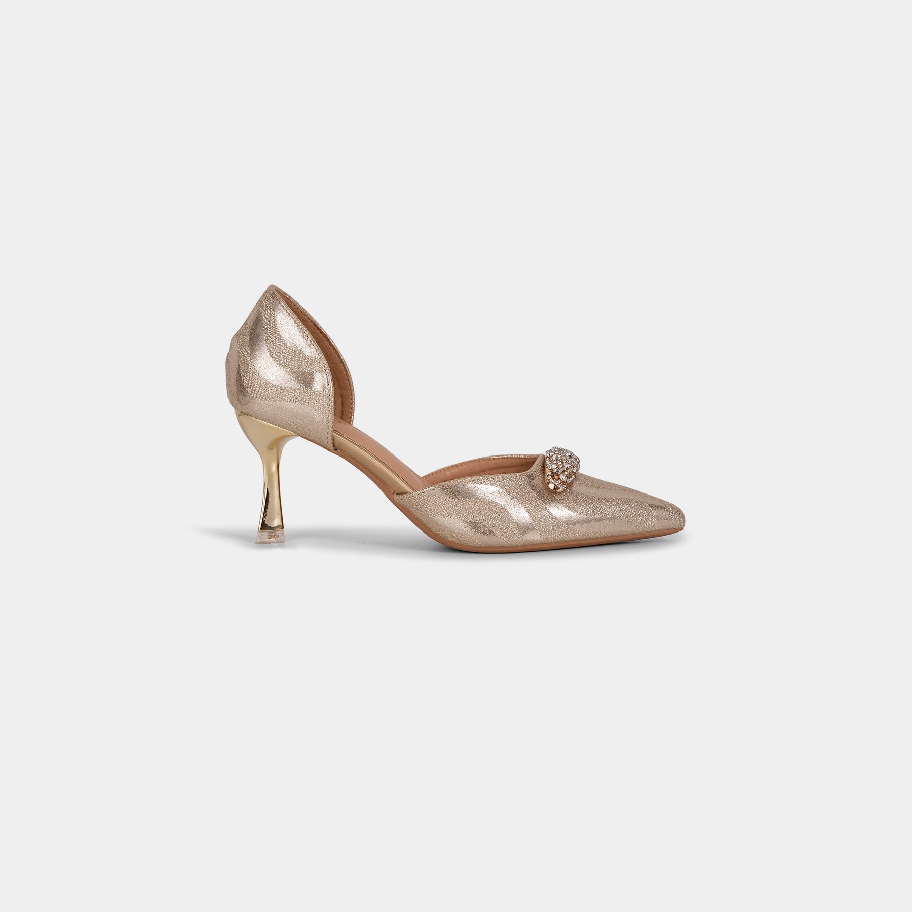 Metallic-Fabric Pointed-Toe D’Orsay Pumps with Oval Crystal Brooch