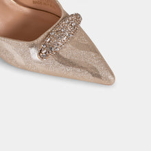 Metallic-Fabric Pointed-Toe D’Orsay Pumps with Oval Crystal Brooch