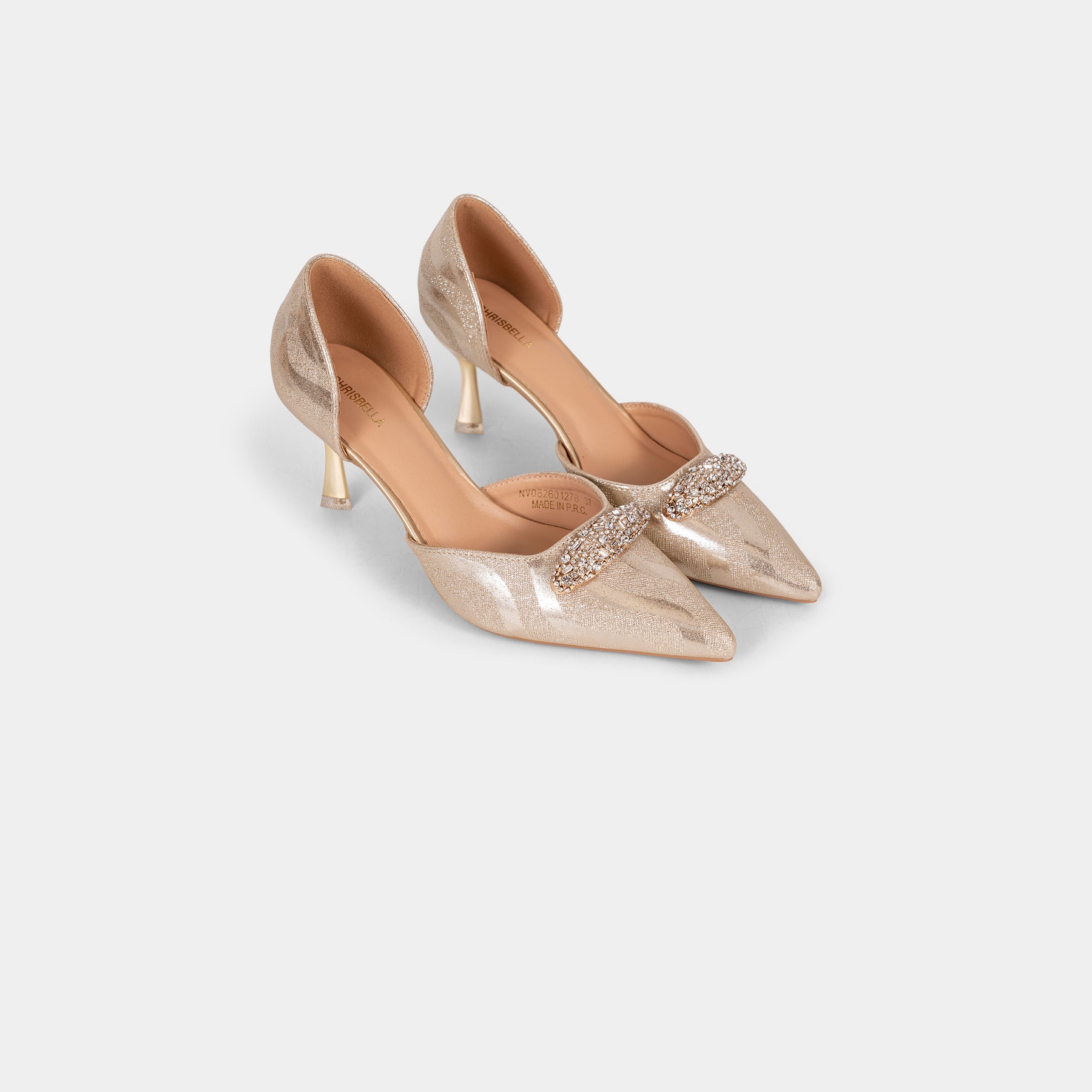Metallic-Fabric Pointed-Toe D’Orsay Pumps with Oval Crystal Brooch