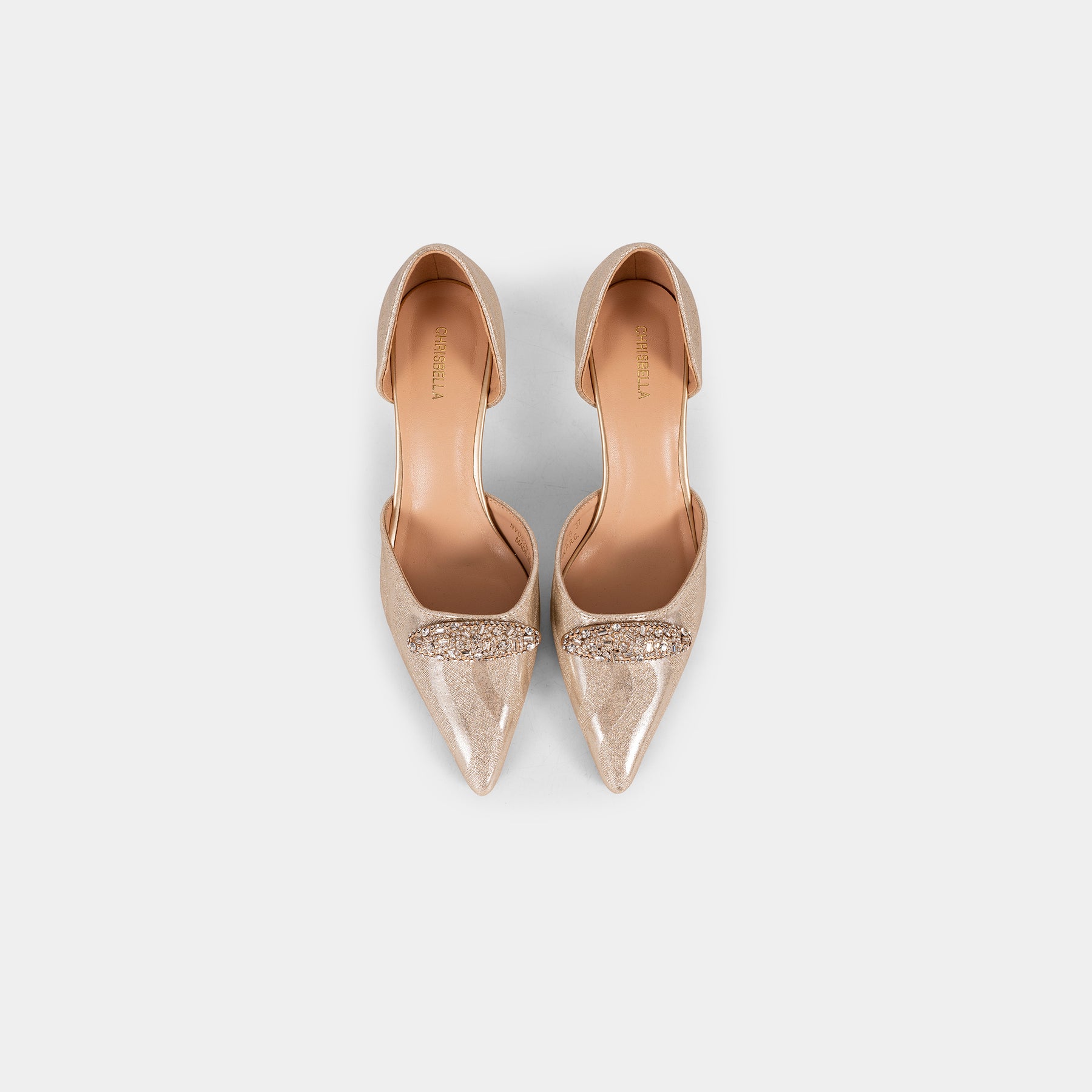 Metallic-Fabric Pointed-Toe D’Orsay Pumps with Oval Crystal Brooch