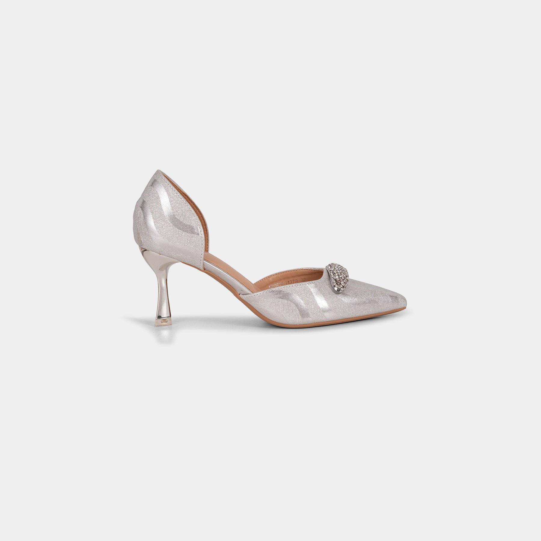 Metallic-Fabric Pointed-Toe D’Orsay Pumps with Oval Crystal Brooch