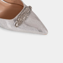 Metallic-Fabric Pointed-Toe D’Orsay Pumps with Oval Crystal Brooch