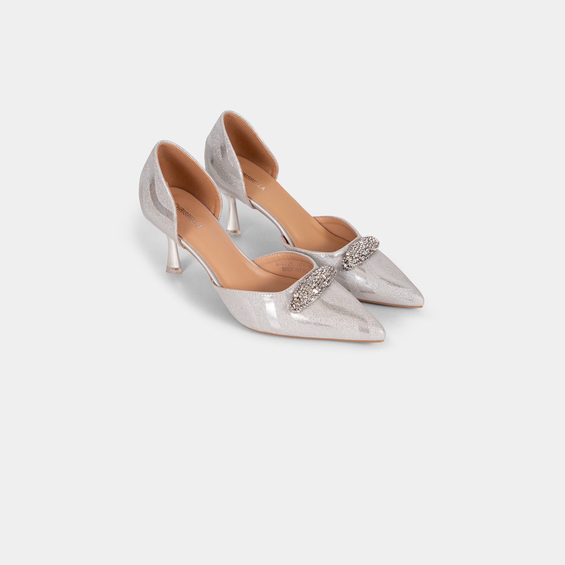 Metallic-Fabric Pointed-Toe D’Orsay Pumps with Oval Crystal Brooch