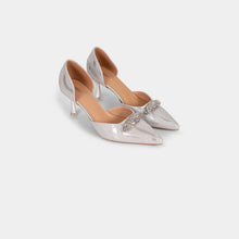 Metallic-Fabric Pointed-Toe D’Orsay Pumps with Oval Crystal Brooch