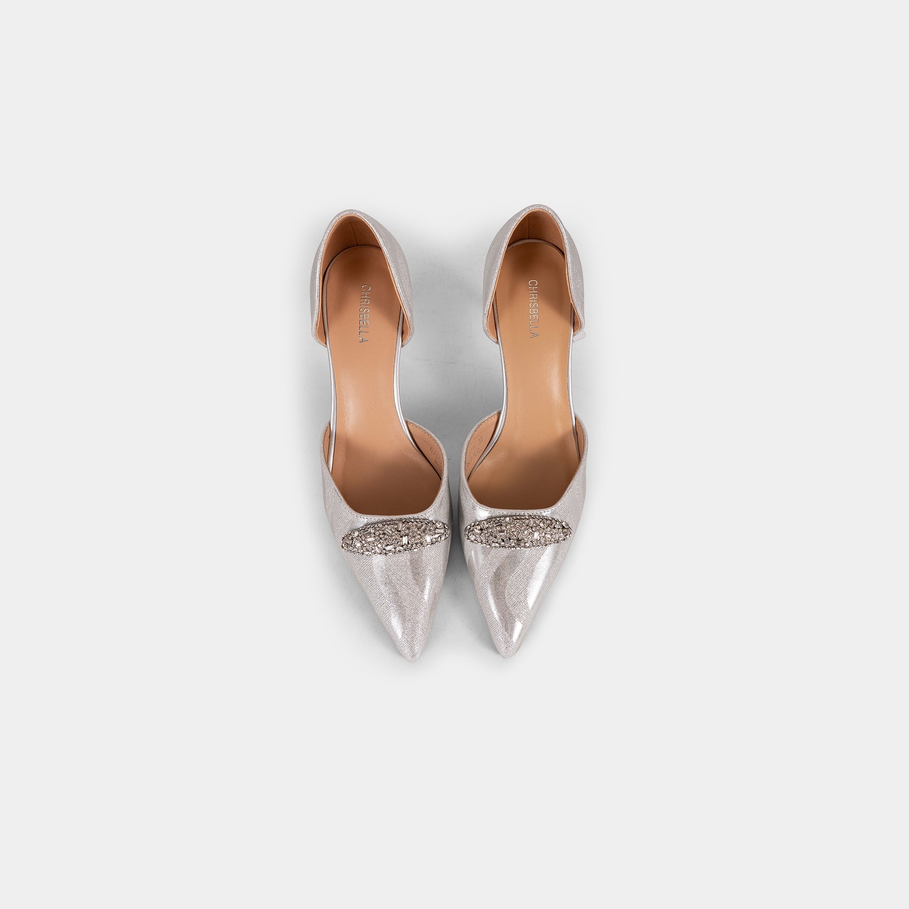 Metallic-Fabric Pointed-Toe D’Orsay Pumps with Oval Crystal Brooch