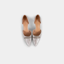 Metallic-Fabric Pointed-Toe D’Orsay Pumps with Oval Crystal Brooch