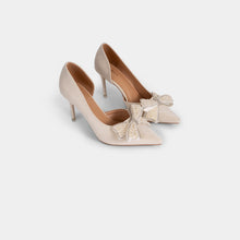 White Textured-Finish Pointed-Toe D’Orsay Pumps with Pearl and Crystal-Embellished Bow