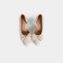 White Textured-Finish Pointed-Toe D’Orsay Pumps with Pearl and Crystal-Embellished Bow