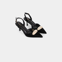 Pointed-Toe Slingback Pumps with Oval Crystal Brooch