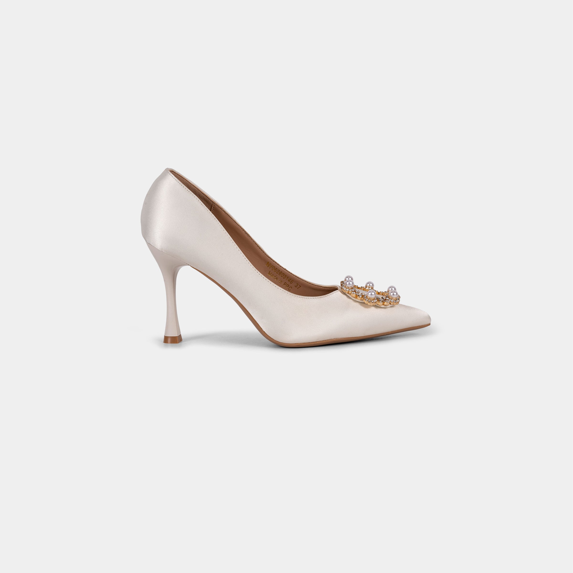 White Satin Pointed-Toe Pumps with Pearl and Crystal Wreath Brooch