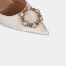 White Satin Pointed-Toe Pumps with Pearl and Crystal Wreath Brooch