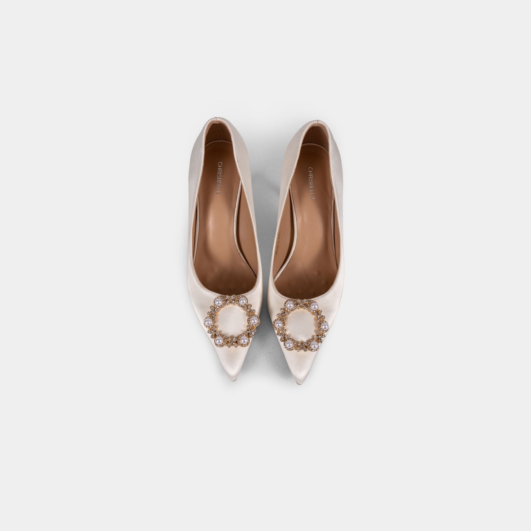 White Satin Pointed-Toe Pumps with Pearl and Crystal Wreath Brooch