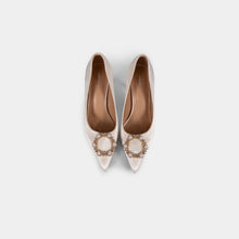 White Satin Pointed-Toe Pumps with Pearl and Crystal Wreath Brooch