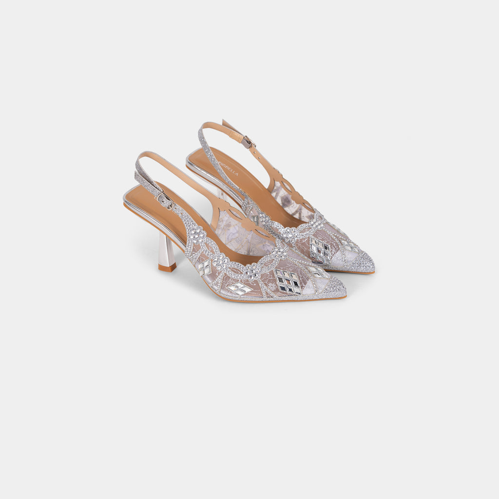 Escarpins Slingback en Dentelle avec Cristaux