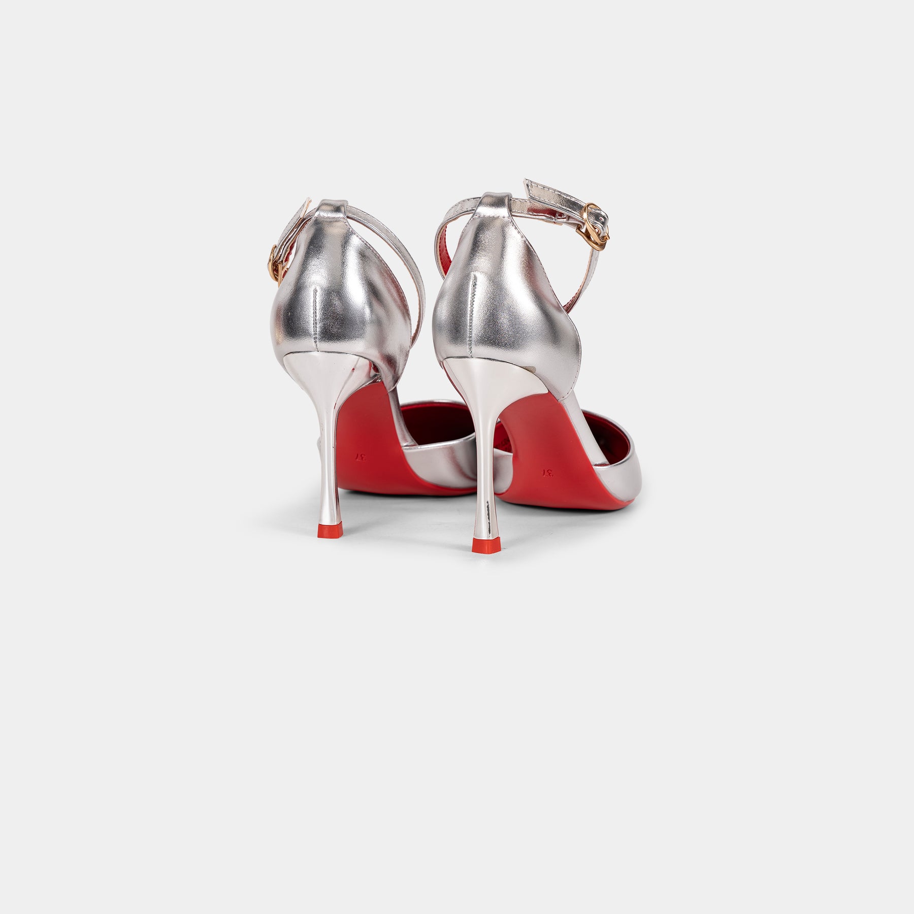 Metallic-Finish Pointed-Toe Ankle-Strap Pumps with Red Insole and Outsole