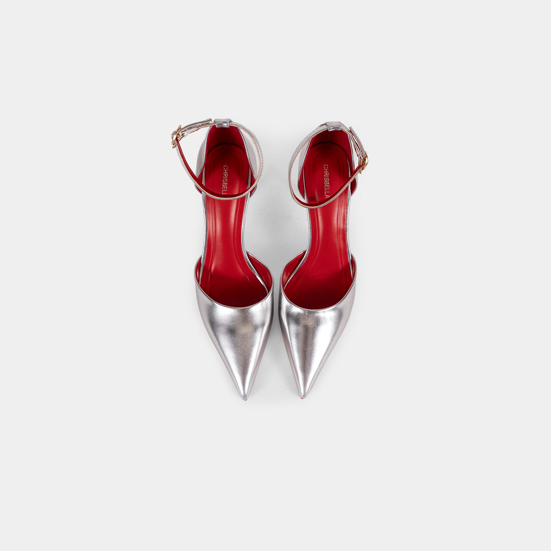 Metallic-Finish Pointed-Toe Ankle-Strap Pumps with Red Insole and Outsole