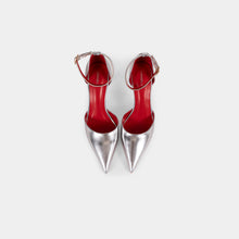 Metallic-Finish Pointed-Toe Ankle-Strap Pumps with Red Insole and Outsole