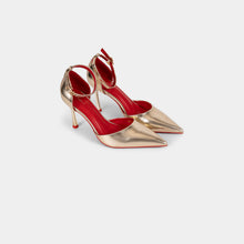 Metallic-Finish Pointed-Toe Ankle-Strap Pumps with Red Insole and Outsole