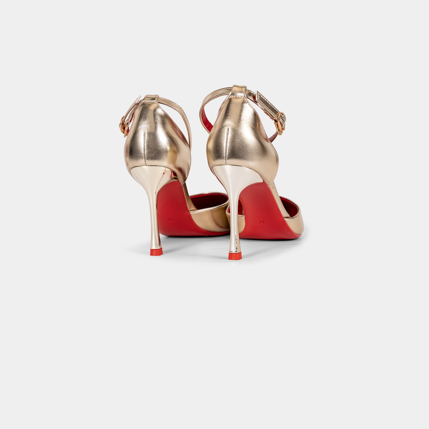 Metallic-Finish Pointed-Toe Ankle-Strap Pumps with Red Insole and Outsole