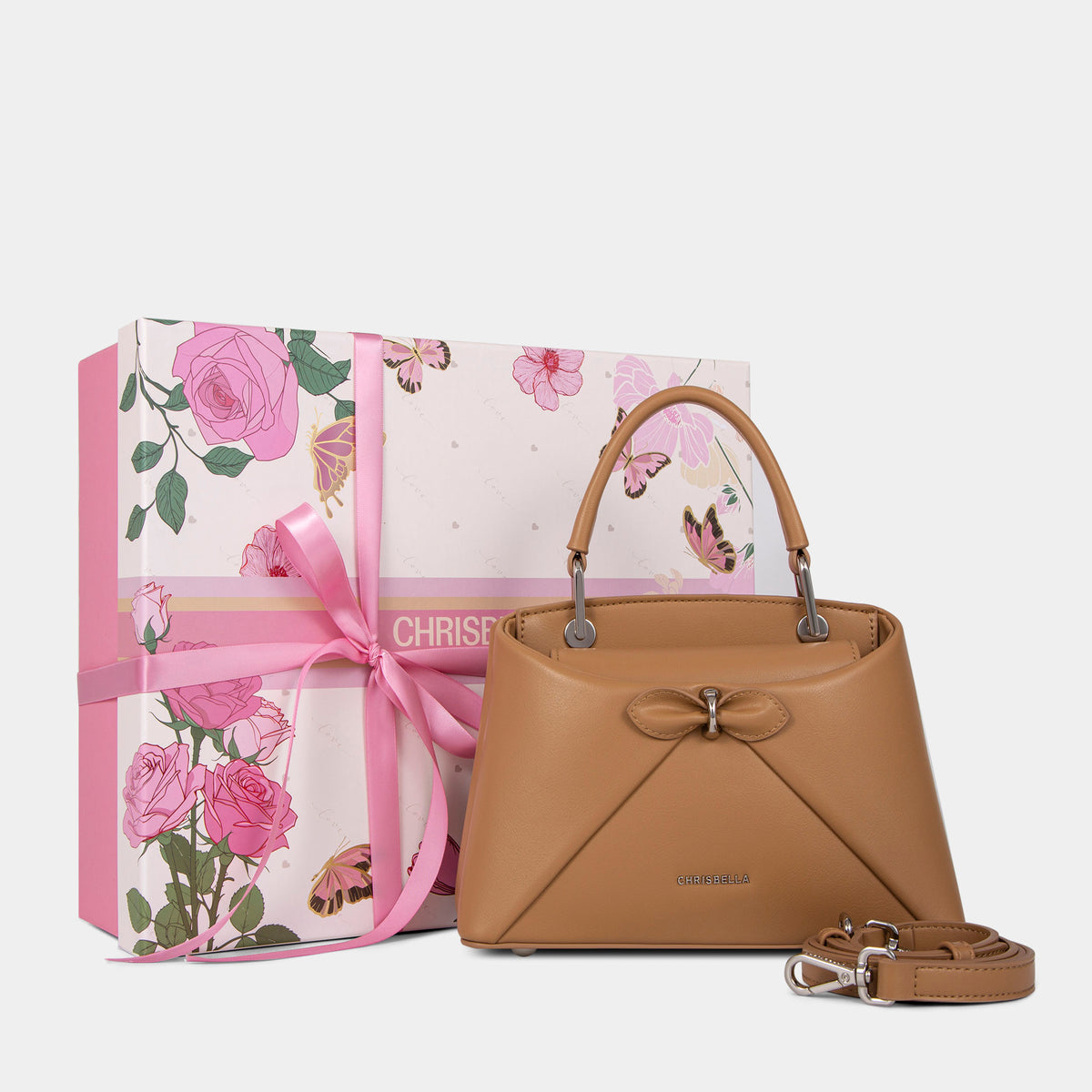 Sac à main avec nœud élégant et coffret cadeau fleuri