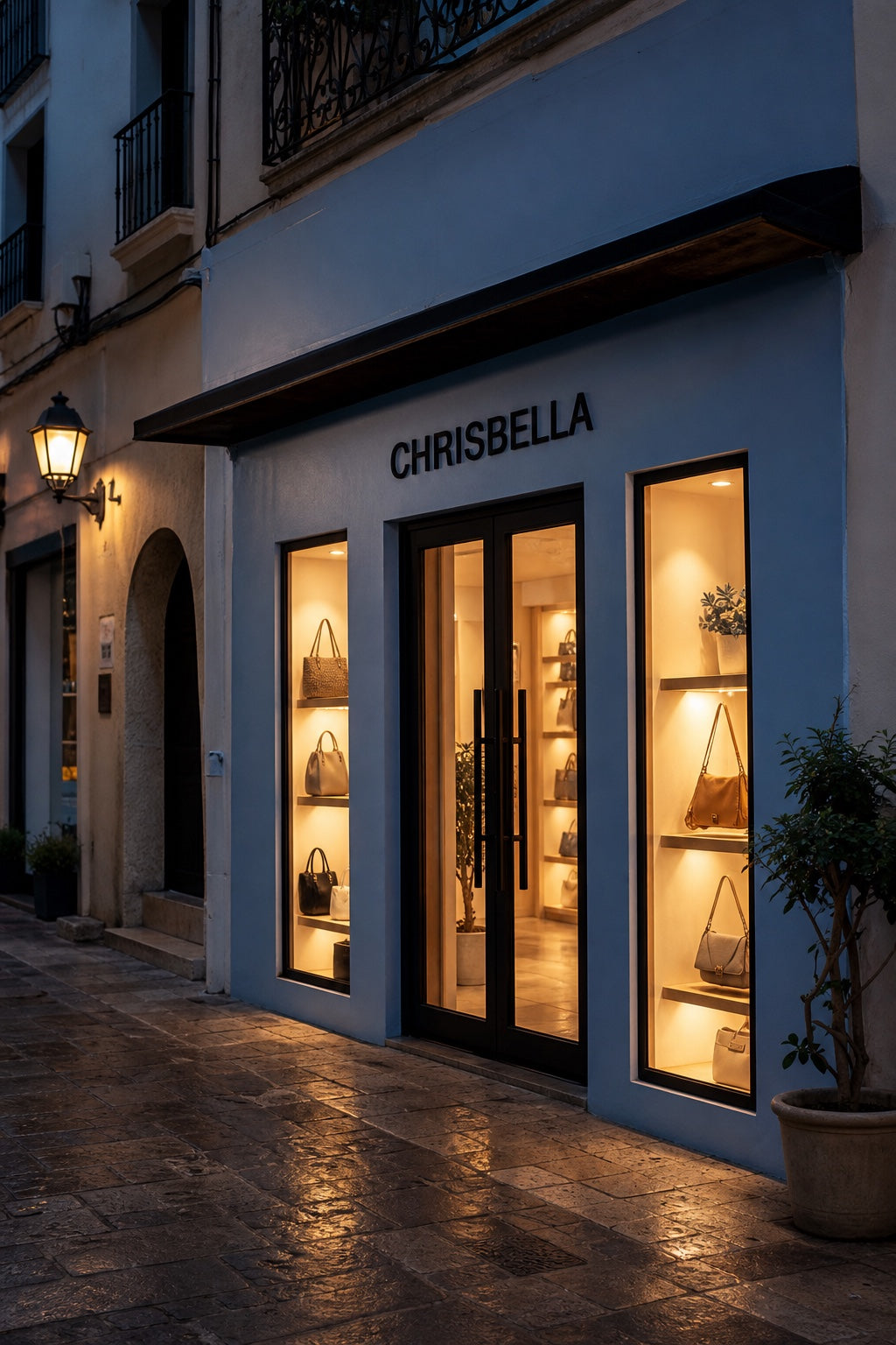 Chrisbella boutique exterior at blue hour